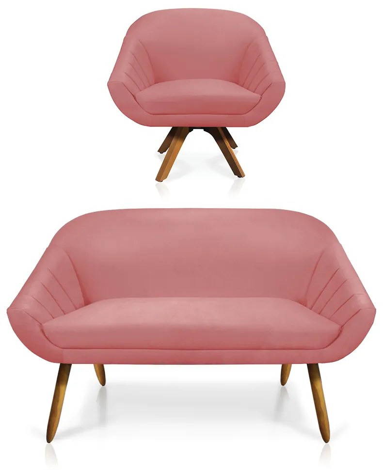 Kit 01 Namoradeira 02 Lugares e 01 Poltrona Giratória Giovana Suede Base Madeira MM30 - D'Rossi - Rose