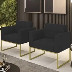 Poltrona Base Industrial Dourado Kit 2 Ana Veludo Preto - Ibiza