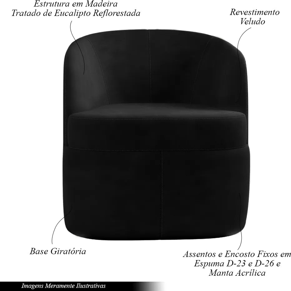 Poltrona Decorativa Design Moderno Bel Sala de Estar Base Giratória Veludo Preto G33 - Gran Belo