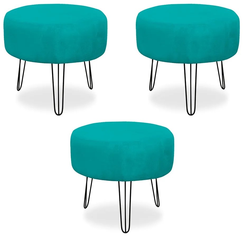 Kit 03 Puffs Redondos para Sala Chloe Suede Azul Tiffany