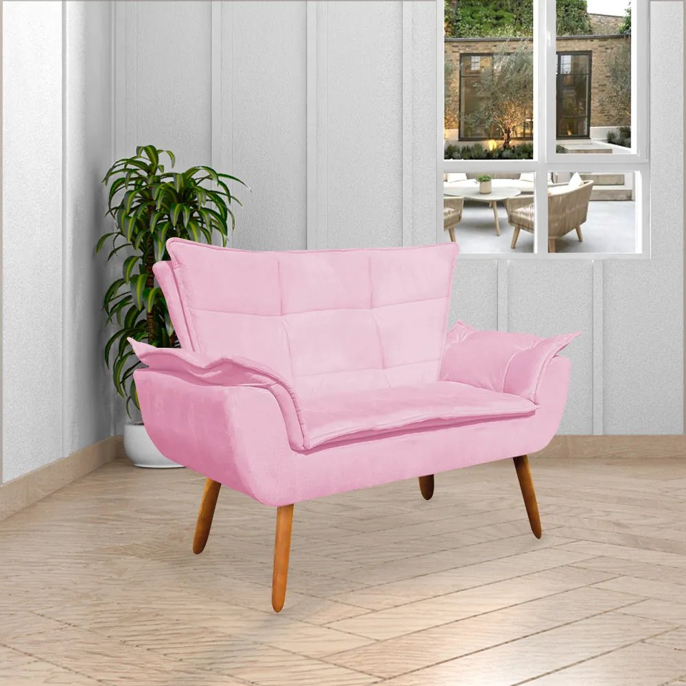 Conjunto Poltrona Puff e Namoradeira Pés Palito Charger Suede Rosa G19 - Gran Belo