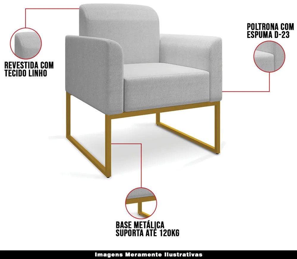Poltrona Decorativa Isabella Base Industrial Linho Cinza/Dourado G19 - Gran Belo