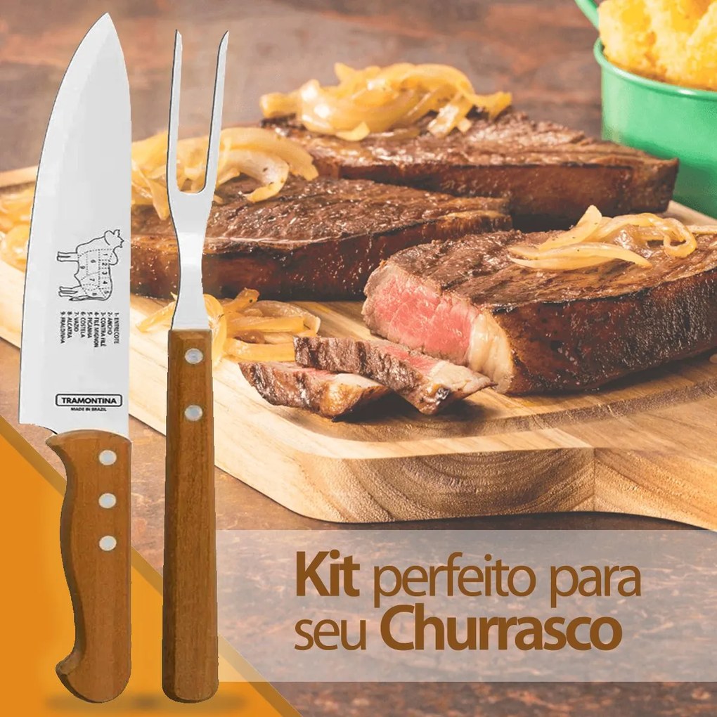 Jogo Trinchante Profissional Tramontina Churrasco com L&acirc;minas em A&ccedil;o Inox e Cabos de Madeira Natural 2 Pe&ccedil;as