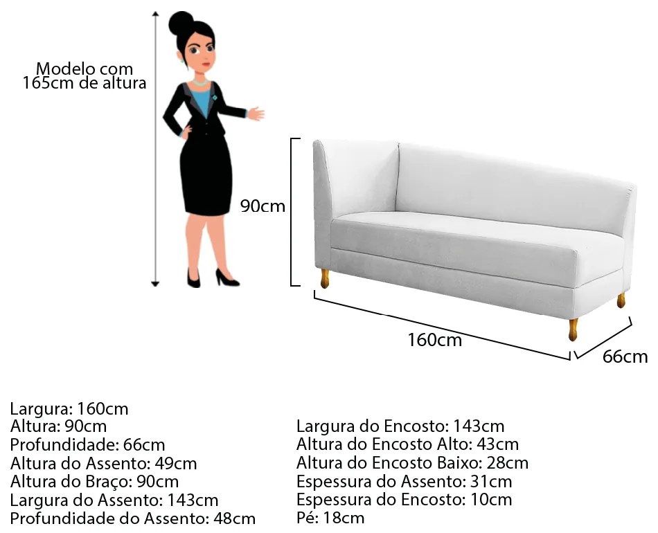 Recamier Valéria 160cm Lado Esquerdo Suede Branco - ADJ Decor
