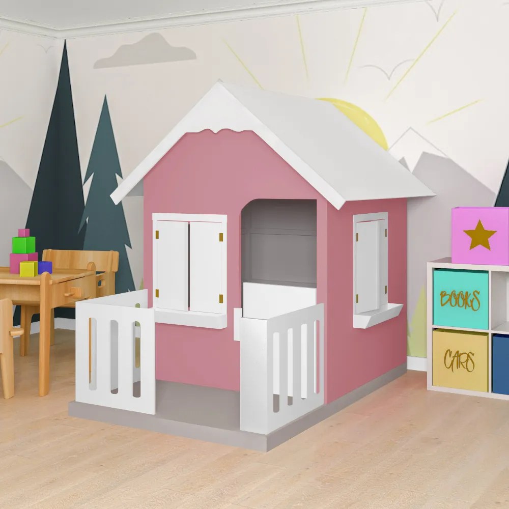 Casinha De Brinquedo Com Cercado Floreiros MDF Rosa/Branco L12 - Gran Belo