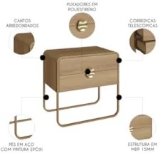 Mesa de Cabeceira Quarto 60cm 2 Gavetas Mario Hanover/Dourado A10 - Mp