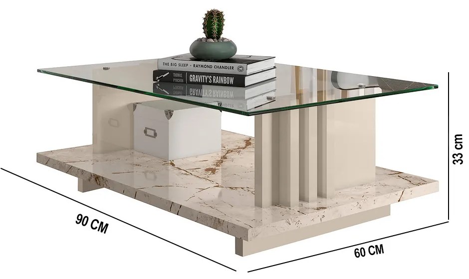 Mesa de Centro Para Sala Ripado Tampo de Vidro Mirezi M20 - D'Rossi - Calacata e Off White