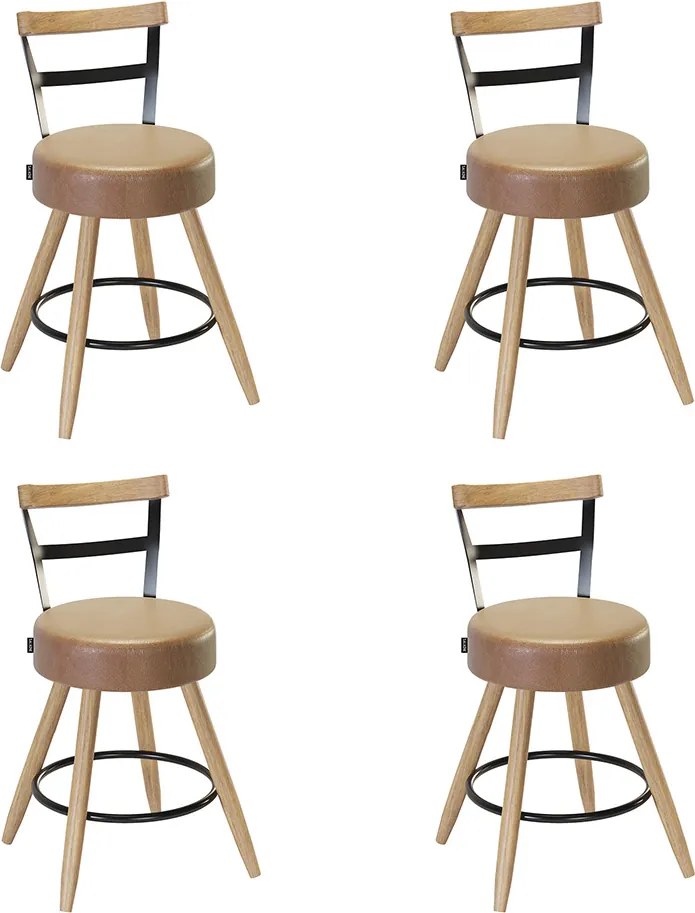 Banqueta Baixa Cozinha 50cm Encosto Pé Madeira Kit 4 Kyara Pu S02 - D'Rossi - Caramelo