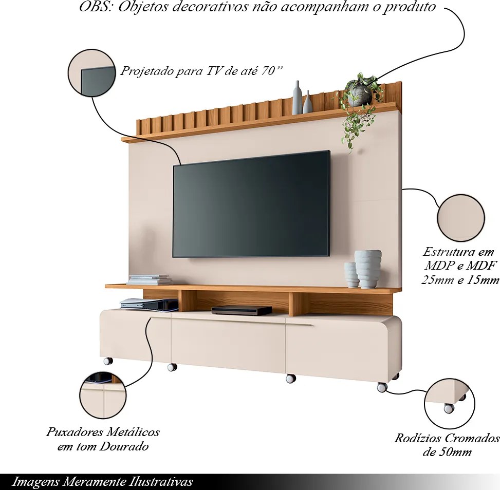 Home Painel Decorativo Artís TV até 70 Pol MDP/MDF Pés Rodízio Off White/Cinamomo G26 - HB Móveis