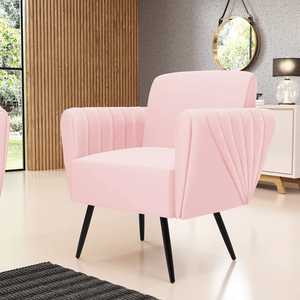 Sofá Namoradeira com Poltrona Pés Palito de Ferro Bruna Suede - D'Rossi - Rosa Bebê