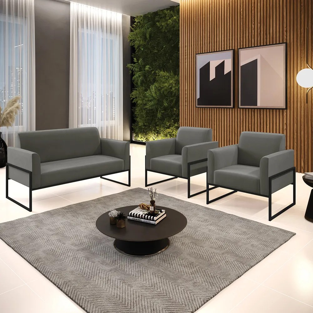 Sofá Namoradeira com 2 Poltronas Base Industrial Alta Preto Marisa Suede D03 - DRossi - Grafite