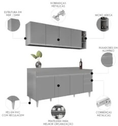 Armário Cozinha e Balcão Com Tampo 180cm Dallas Cinza - Lumil