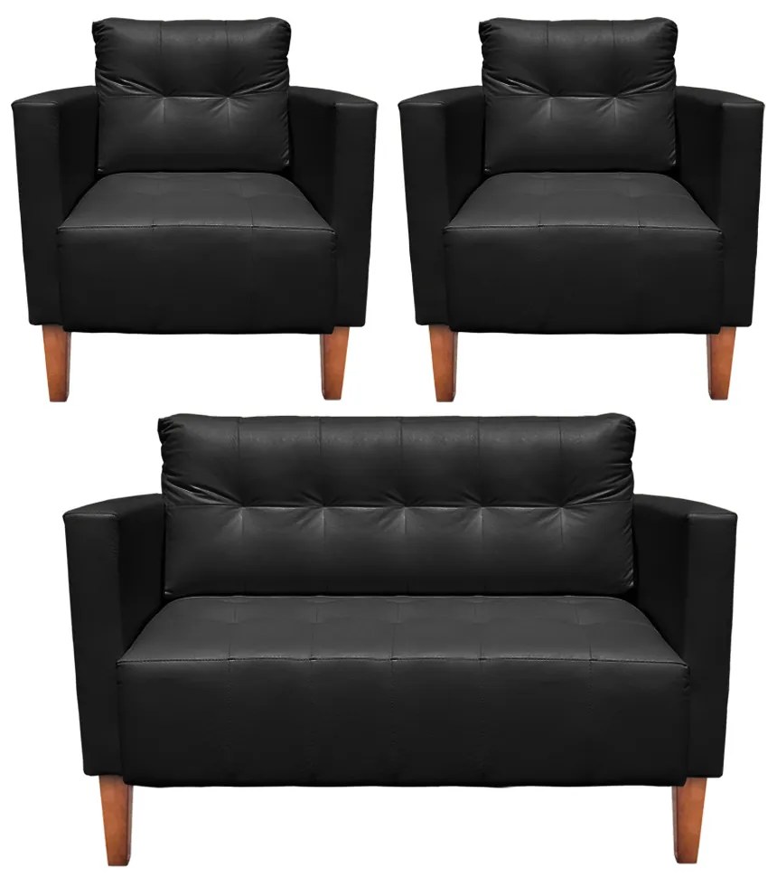 Kit 1 Sofá Namoradeira e 2 Poltronas Livia Corino Pés Chanfrado Castanho - D'Rossi - Preto