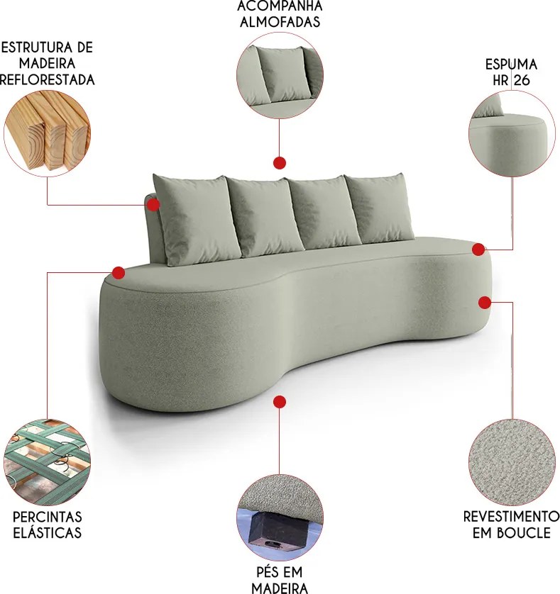 Sofá 3 Lugares Orgânico 210cm com Almofadas Benin Bouclê B03 - D'Rossi - Menta