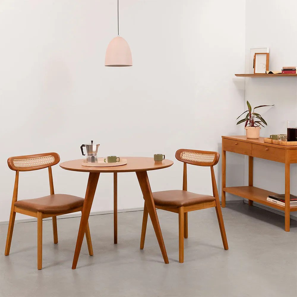 Conjunto Mesa Jantar Square Laminada Tripé Redonda Natural - 88cm + 2 Cadeiras Dalí Encosto Palha Larga - Cognac