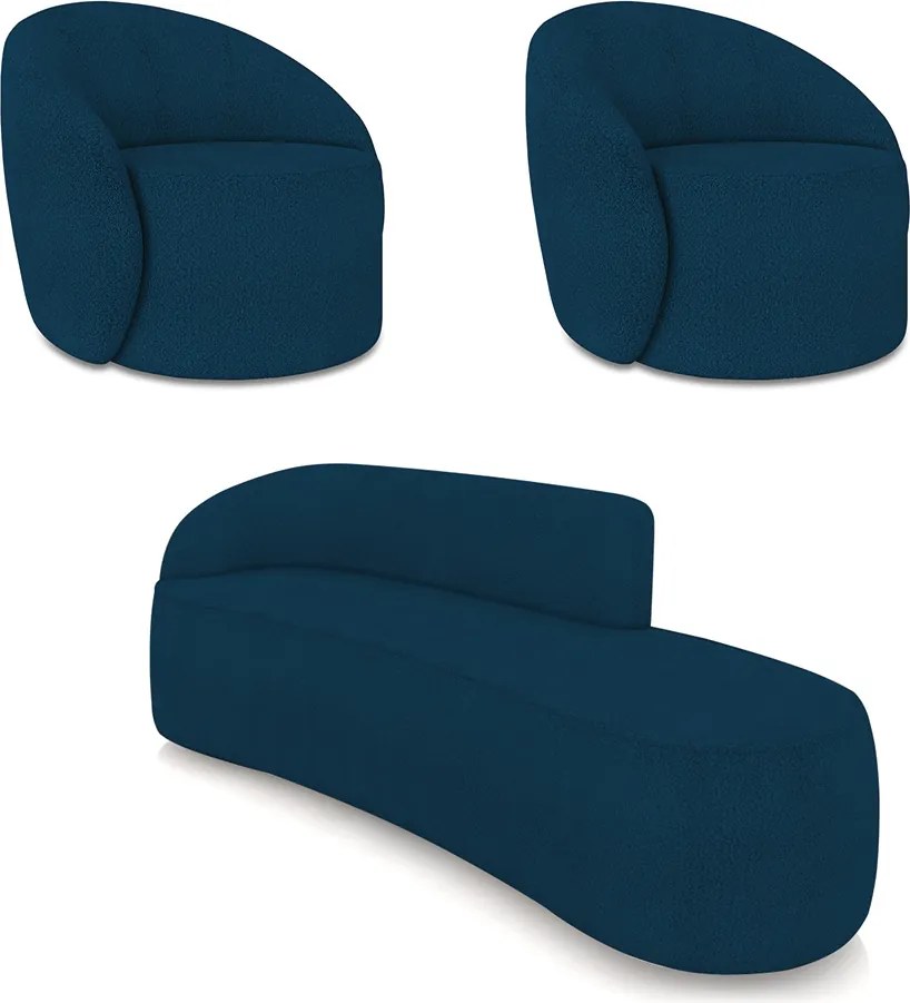 Sofá 4 Lugares Orgânico 220cm Morgan e 2 Poltronas Lua Bouclê Azul D03 - D'Rossi