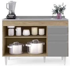 Balcão Gabinete com Pia Inox 120cm Michigan Castanho/Cinza - Lumil