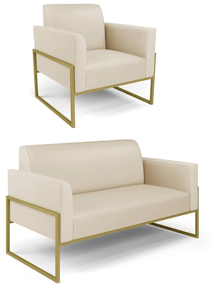 Sofá Namoradeira com Poltrona Base Industrial Alta Dourado Marisa Corino D03 - D'Rossi - Bege