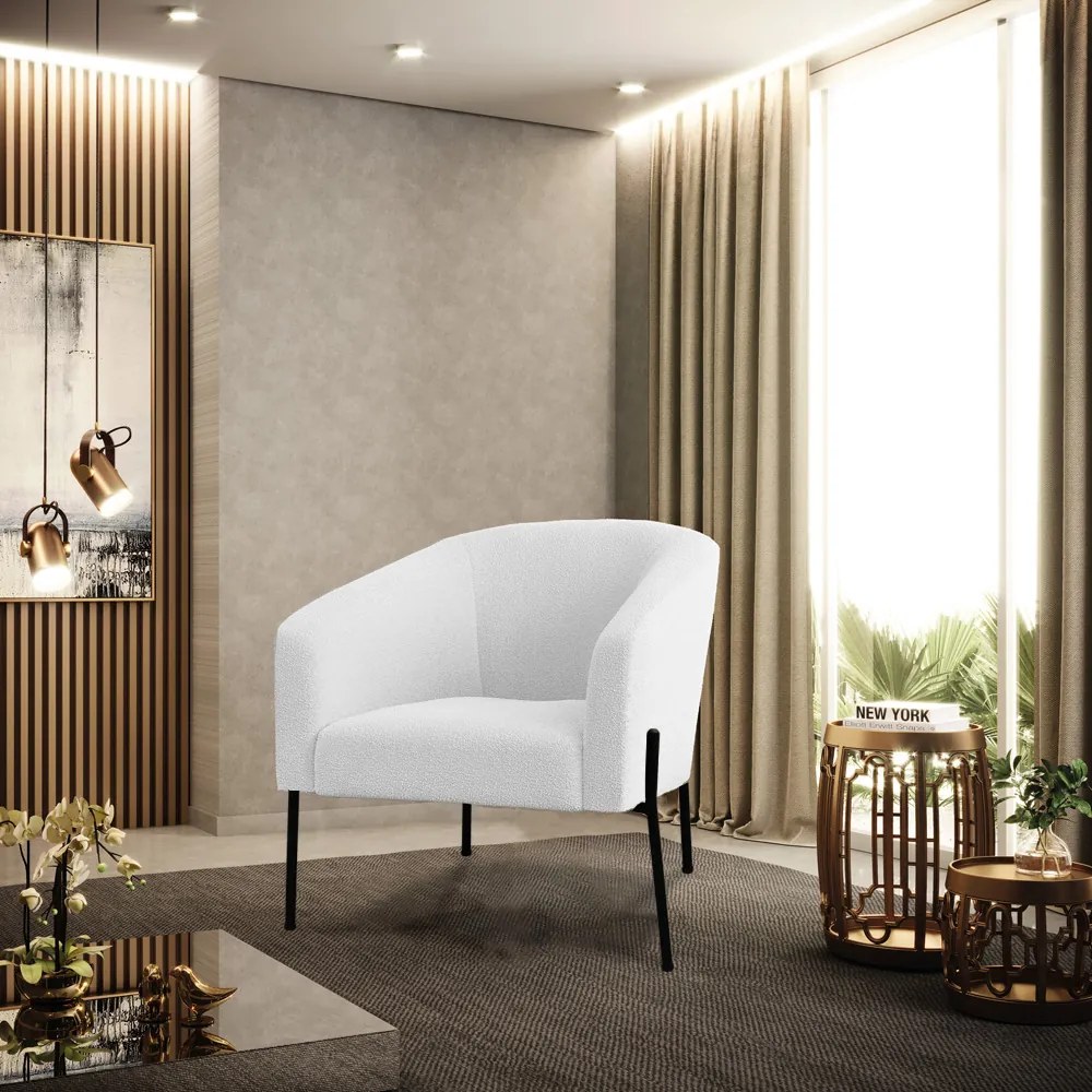 Poltrona Sala Decorativa Pé de Ferro Preto Stella Bouclê D03 - D'Rossi - Off White