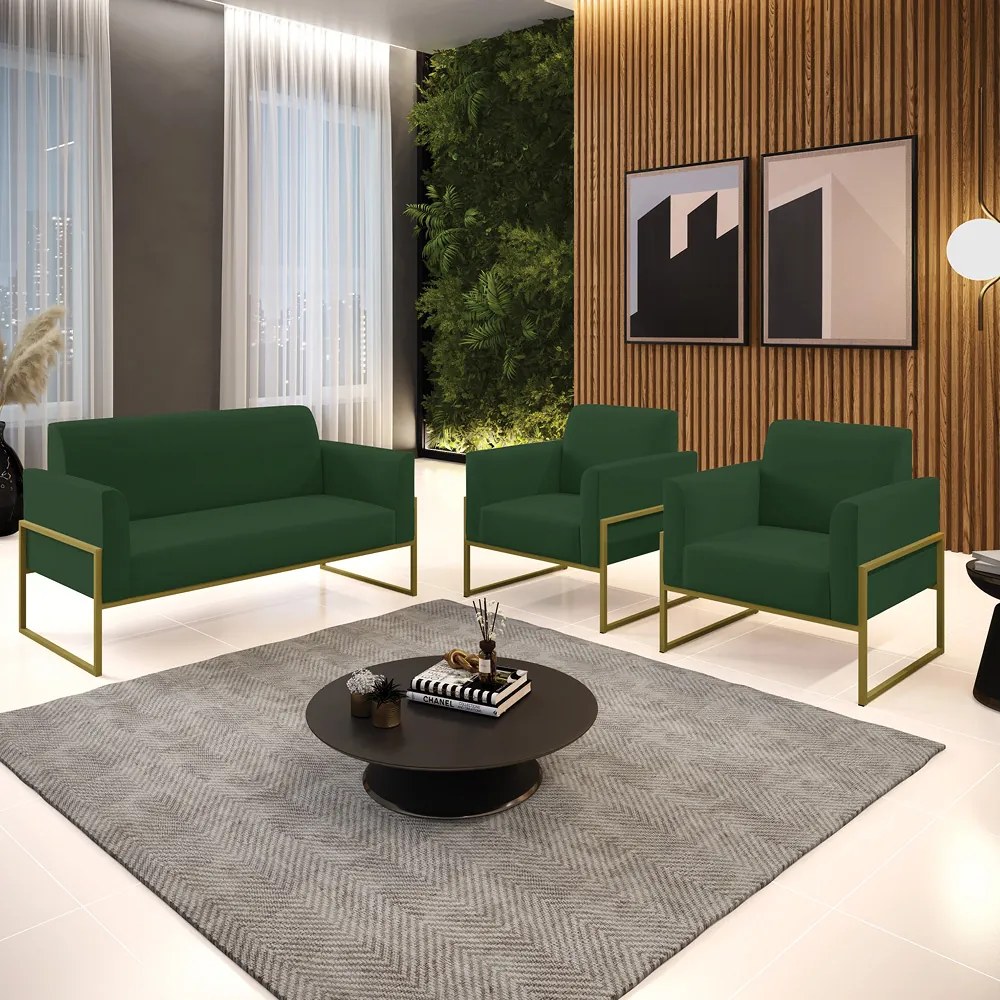Sofá Namoradeira com 2 Poltronas Base Industrial Alta Dourado Marisa Veludo D03 - D'Rossi - Verde