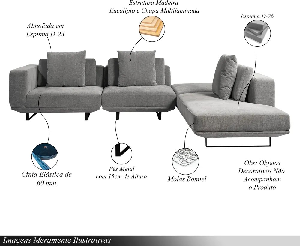 Sofá Modulado Sala de Estar Carmen 652cm Pés de Ferro Linho Rústico Cinza G92 - Gran Belo