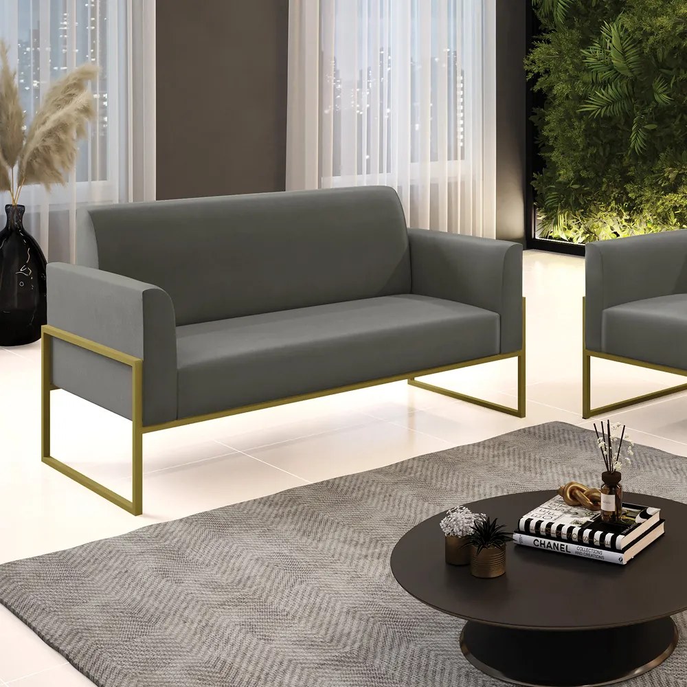 Sofá Namoradeira Base Industrial Alta Dourado Marisa Suede D03 - D'Rossi - Grafite