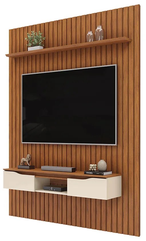 Painel Suspenso Ripado Seko TV 65" Portas Basculantes Borda Chanfrada Freijó/OffWhite G18 - Gran Belo