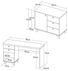 Mesa Escrivaninha 135cm Elai e Balcão 1 Porta 3 Gavetas Merano A06 Olm