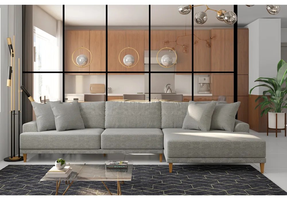 Sofá com Chaise Direita 294cm Índico Linho Cinza G52 - Gran Belo