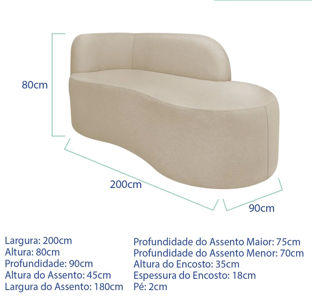 Divã Recamier Orgânico Tokyo 200cm Lado Direito Linho - ADJ Decor