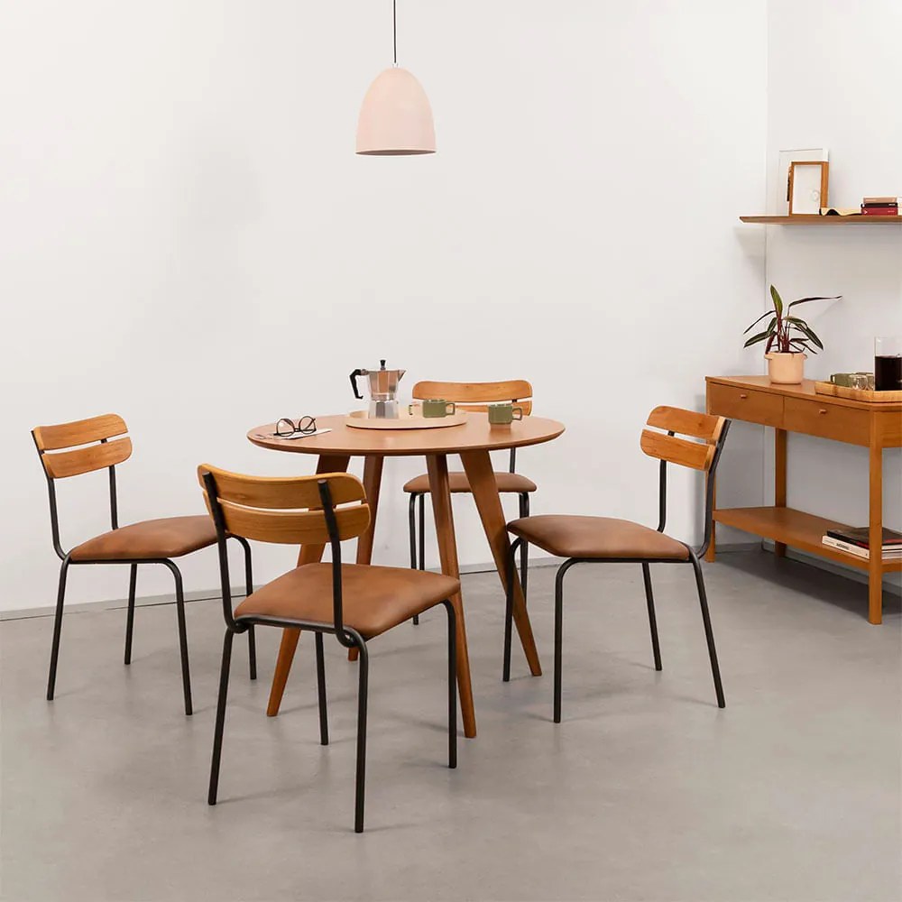 Conjunto Mesa de Jantar Square Redonda Louro Freijó 88cm + 4 Cadeiras Ribs PU Caramelo