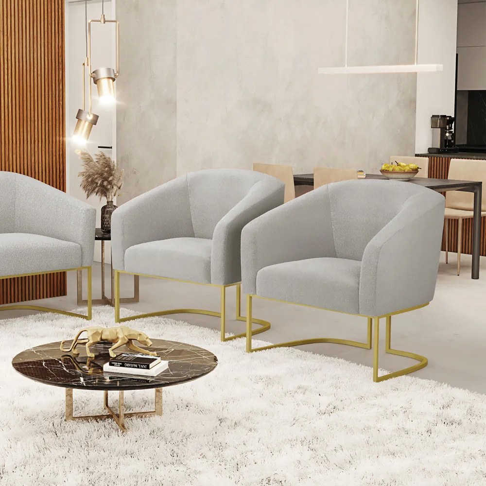 Poltrona Decorativa Industrial Dourado kit 2 Stella Bouclê D03 - D'Rossi - Cinza