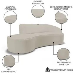 Sofá Living  3 Lugares 230cm Braço Direito Mozart D06 Sintético Bege -