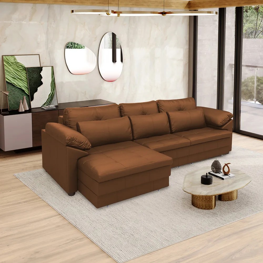 Sofá Retrátil Elétrico Sala de Estar Nolan Bipartido 257cm Conforto Premium em Couro Caramelo G58 - Gran Belo