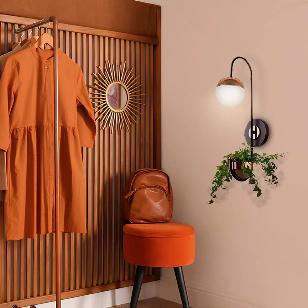 Arandela C/ Globo C/ Cachepô 12X23X51Cm Metal E Vidro 1 X G9 Globo Ø12... (PRETO / COBRE BRILHO, FOSCO)