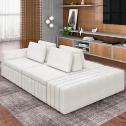 Sofá Ilha e Puff Sala Living 265cm Siesta Z32 Boucle Bege Claro - Mpoz