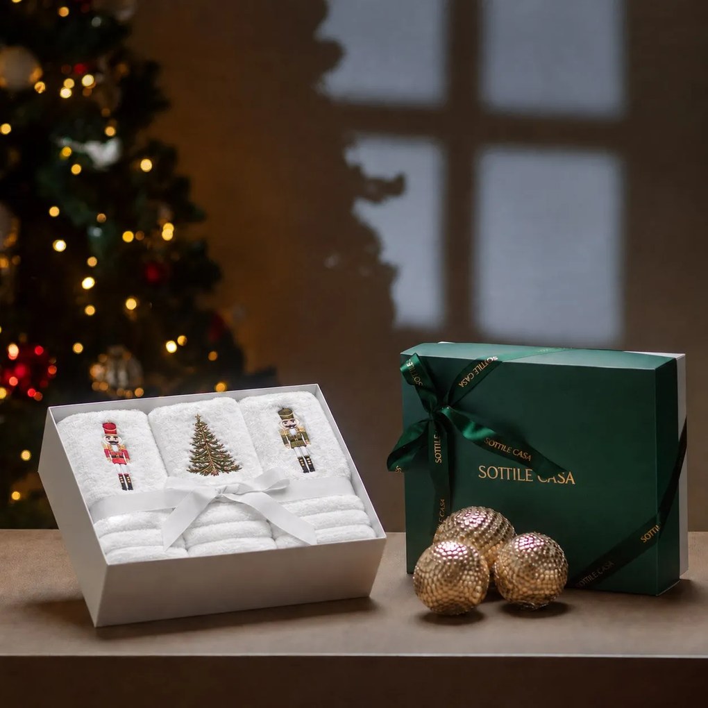 Kit 3 Toalhas Lavabo Trussardi 100% Algodão Imperiale c/ Caixa de Presente Natal Bordado Noelle - Branco  Branco