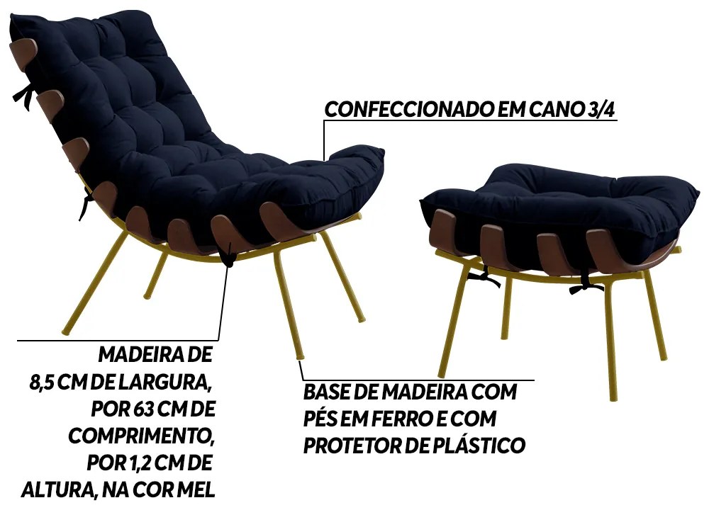 Conjunto Decorativo Poltrona e Puff Abel Base de Madeira Dourada Veludo Azul G41 - Gran Belo