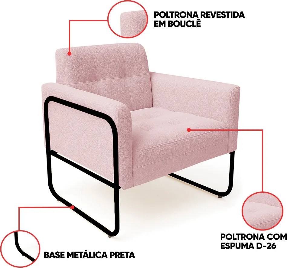 Poltrona Sala Industrial Alta Tubo Preto kit 2 Elisa Bouclê D03 - D'Rossi - Rose