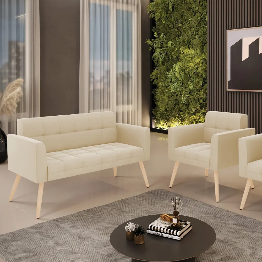 Kit 1 Sofá Namoradeira e 1 Poltrona Elisa Suede Bege Pés Palito Natural - D'Rossi