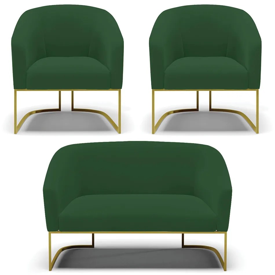 Namoradeira e 2 Poltronas Industrial Dourado Stella Veludo D03 - D'Rossi - Verde