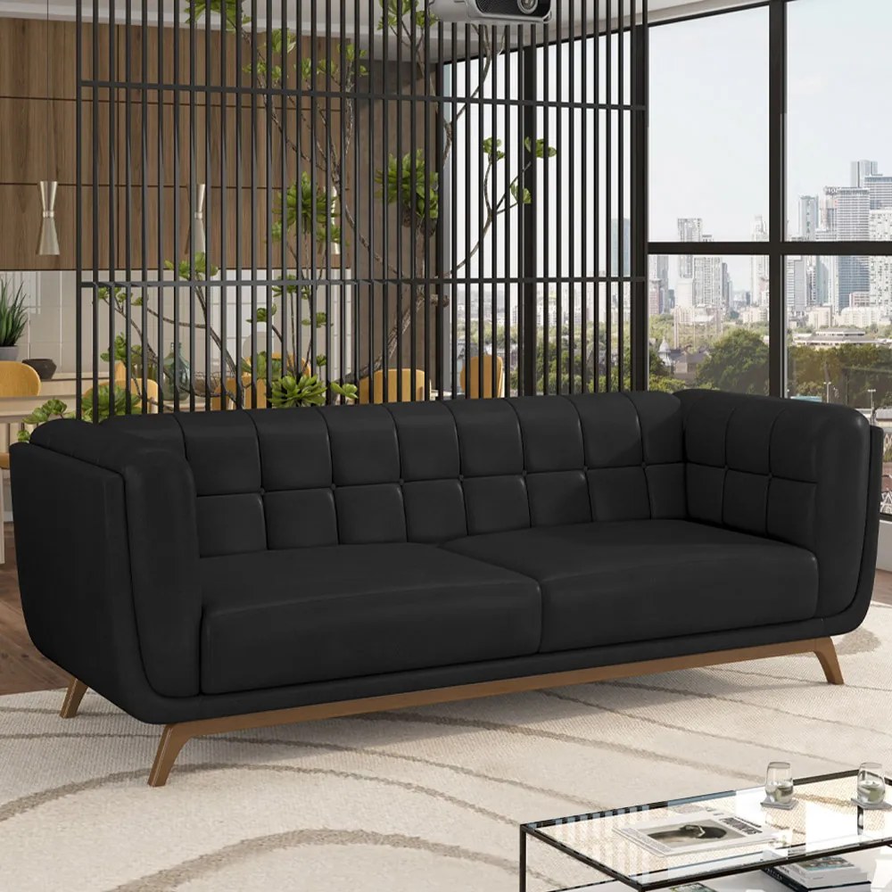 Sofá Decorativo Sala de Estar 240cm Rocket 3 Lugares Base Madeira PU Preto G45 - Gran Belo