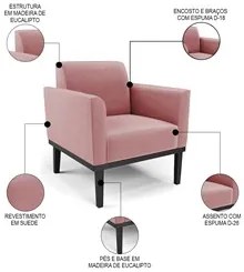 Sofá Namoradeira e 2 Poltronas Base Madeira Preto Maressa Suede Rosê -