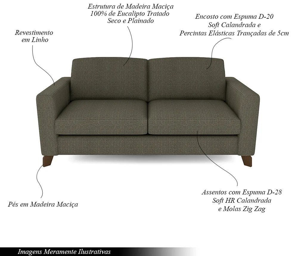 Sofá Sala de Estar Living 3 Lugares 260cm Presley Pés Madeira Linho Cinza G52 - Gran Belo
