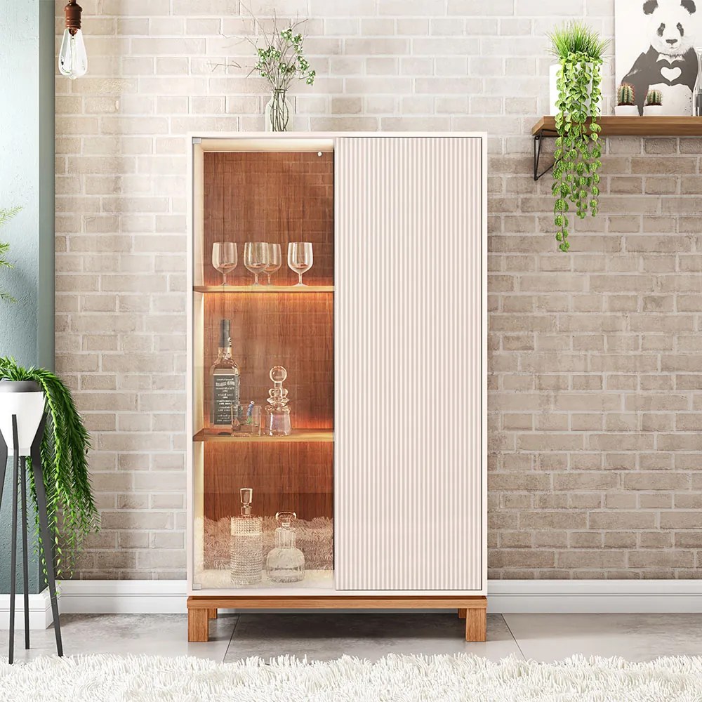 Cristaleira de Vidro com Led Para Sala Visari C01 - D'Rossi - Off White/Freijó