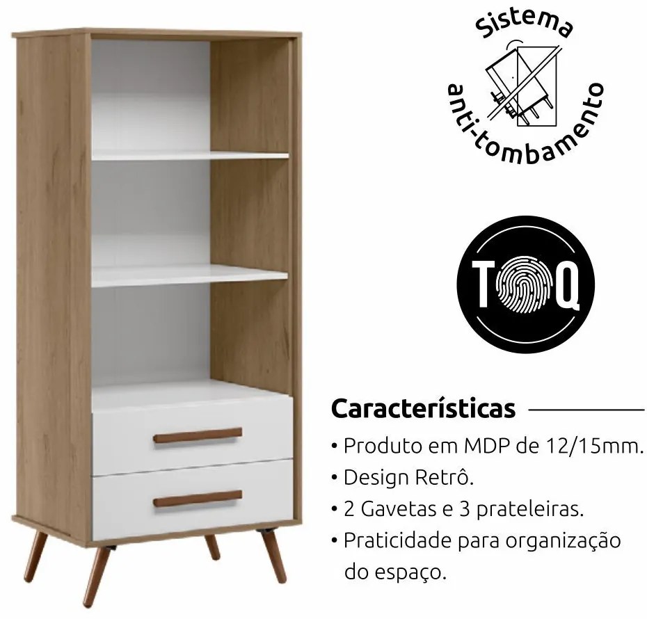 Estante Livreiro Organizador 02 Gavetas Retrô  Modena Carvalho/Branco - Loja Sheep - Carvalho/Branco