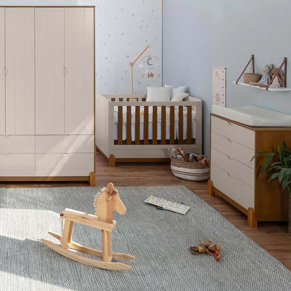 Kit Quarto Infantil Lotus Berço Mini Cama com Frisos + Cômoda 4 Gavetas + Guarda-Roupa 4 Portas com 4 Gavetas - Areia e Savana