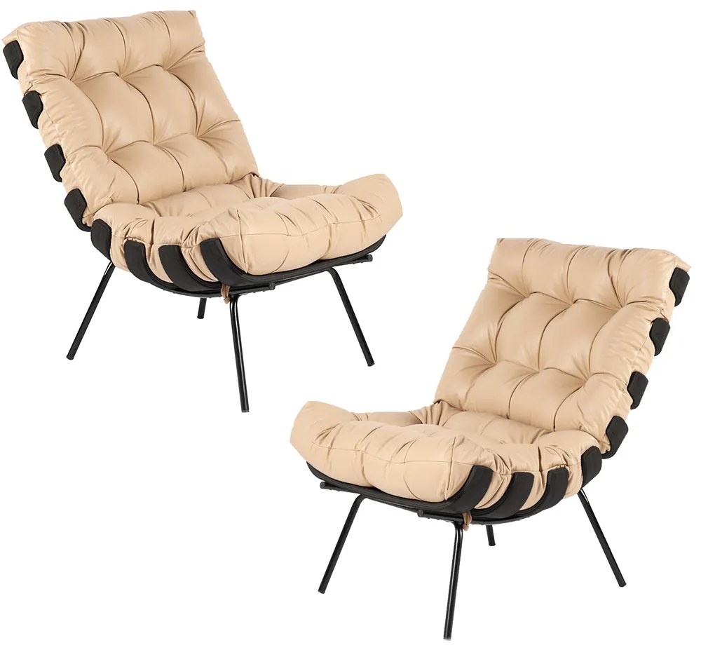 Kit 2 Poltrona Decorativa Sala de Estar Costela Base Preta Couro Bege G34 - Gran Belo