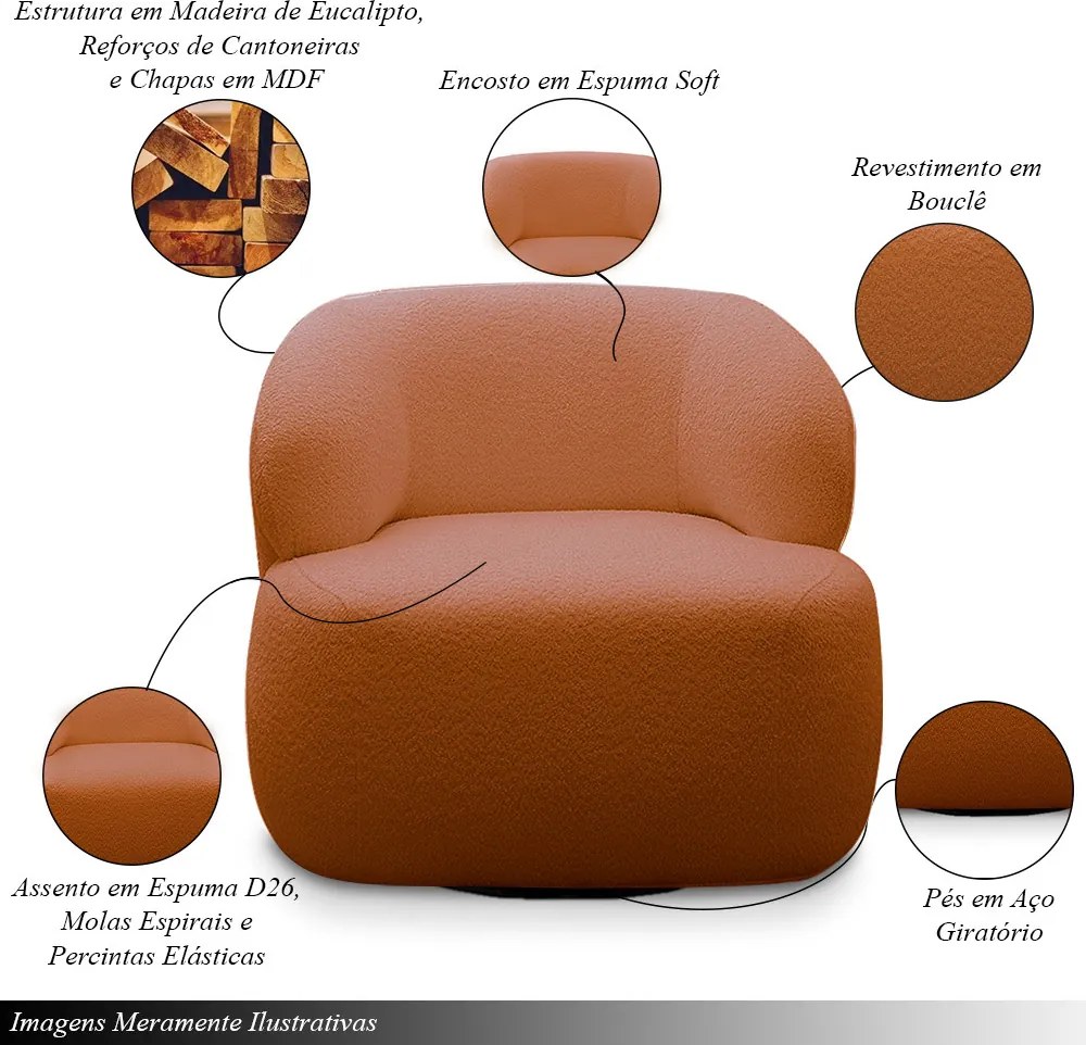 Conjunto Poltrona Base Giratória e Puff Decorativo Charlote Sala de Estar Bouclê Terracota G88 - Gran Belo