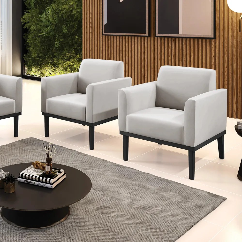 Kit 2 Poltronas Decorativas Isabella Pés Fixo em Madeira Preto Veludo Cinza G19 - Gran Belo